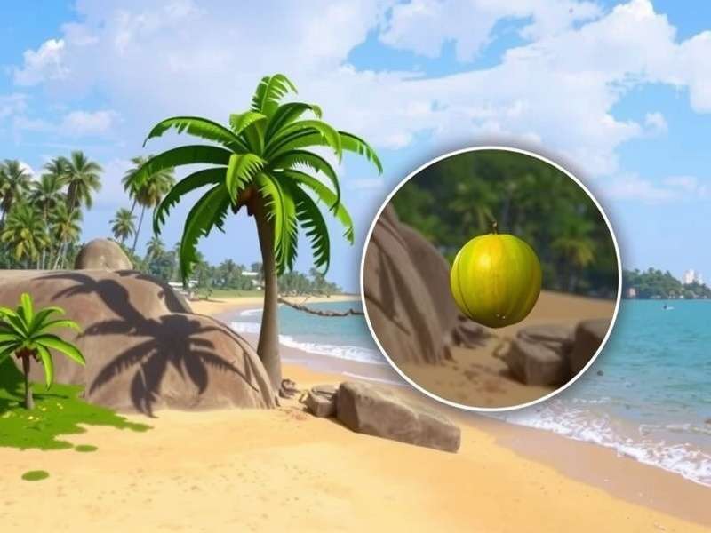 Meteor Quest Goa - Palolem Beach Hidden Fragment Meteor Quest Goa tip showing a hidden fragment location near a coconut tree on Palolem beach